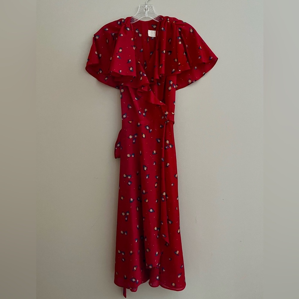 True Vintage 1970’s Red Floral Ruffle Wrap Maxi Dress